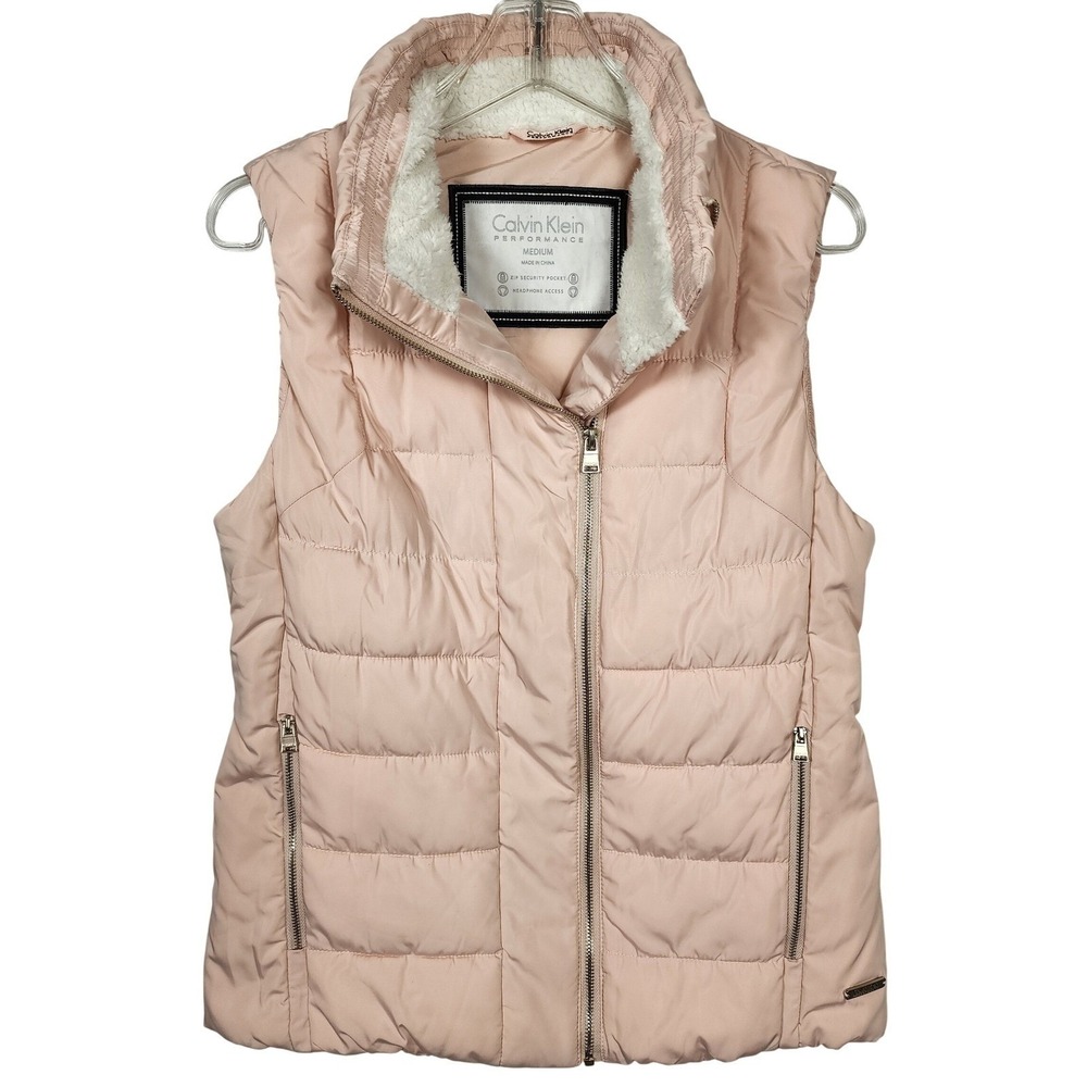 Calvin Klein‎ Vest Women M Pink Sherpa Collar Puffer Zip Cozy Feminine Spring